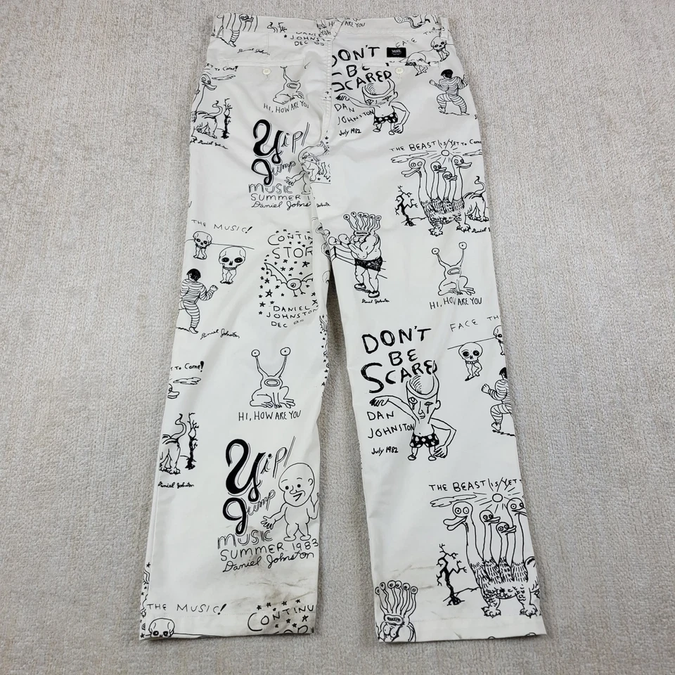 Pantalones Vans Daniel Johnston Para Hombre 34x32 Blanco Negro Obra de Arte Sueltos Chino Punk Estampado Foto 2 de 4