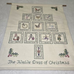 Vtg Traditional English Sampler Cross Stitch Wall Hanging Twelve Days Christmas