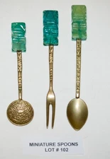 VINTAGE Miniature Spoons AZTEC Alpaca Mexico Tiki Stone Handles Set of 3 Lot#102