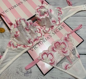 Victoria's Secret Wicked Peony Embroidery White Pink Unlined Bra Thong Set