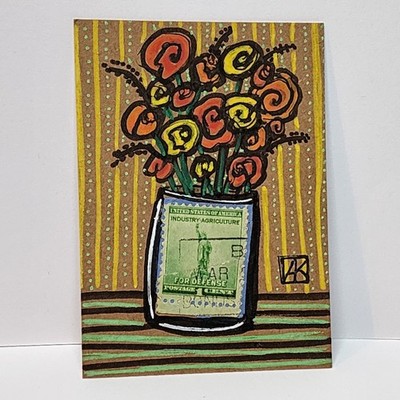 ACEO Original Painting Flowers, Statue of Liberty US Postage Stamp - AMBER K