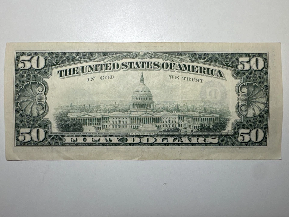 1990 Series $50 Dollar Bill Banknote Old Design US Federal Reserve Note Prefix D - Image 2 of 2
