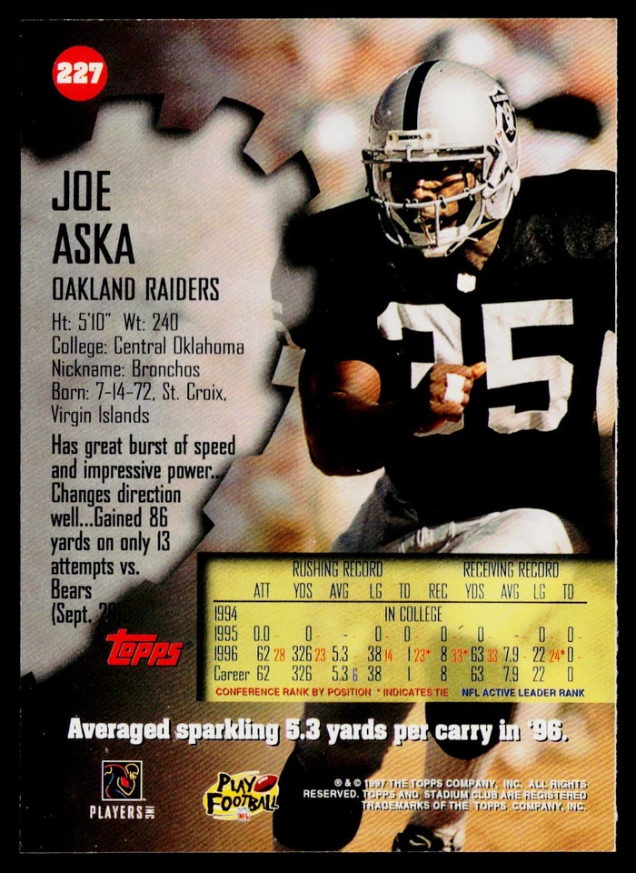 1997 Stadium Club #227 Joe Aska - Image 2 of 2