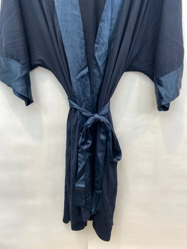 PJ Harlow Shala ребро вязаный халат карманы атласная отделка темно-синий женский размер XS/S - Изображение 4 из 4