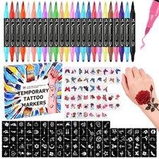 Temporary Skin Tattoo Body Art Markers 24-Count Washable with 50 Temporary Tatto