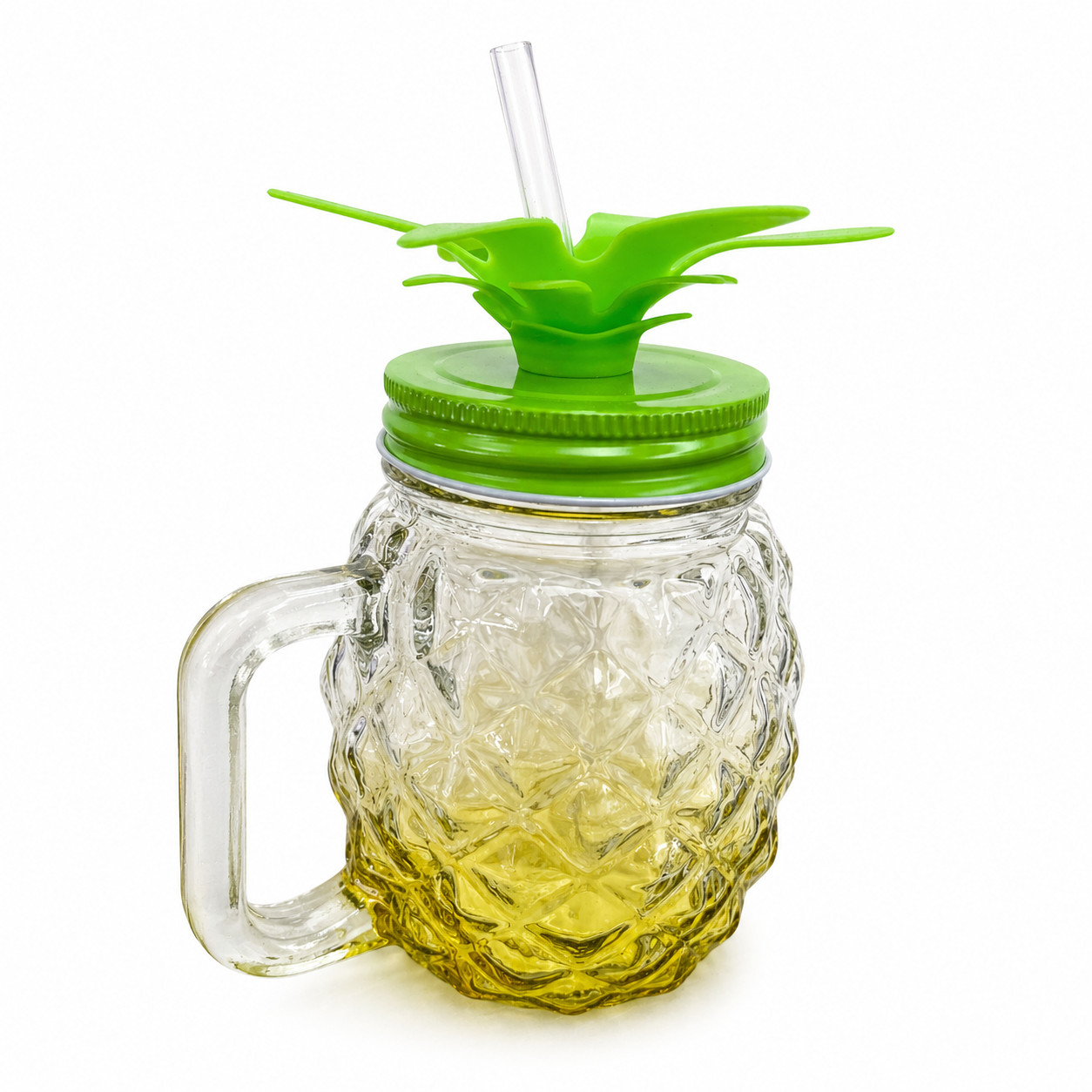 Pineapple Glass Mason Jar Mug with Straw & Tropical Leaf Lid