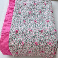 Handmade Quilted Floral Throw Blanket Pink Green Bows Reversible Cottagecore