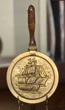 Brass Silent Butler Crumb Catcher Sailing Ship Floral Motif Wood Handle Vintage