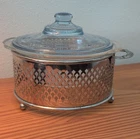 Vtg Glass "Fire King" Dish w/ Tulip Pattern Lid and Silver Metal Holder