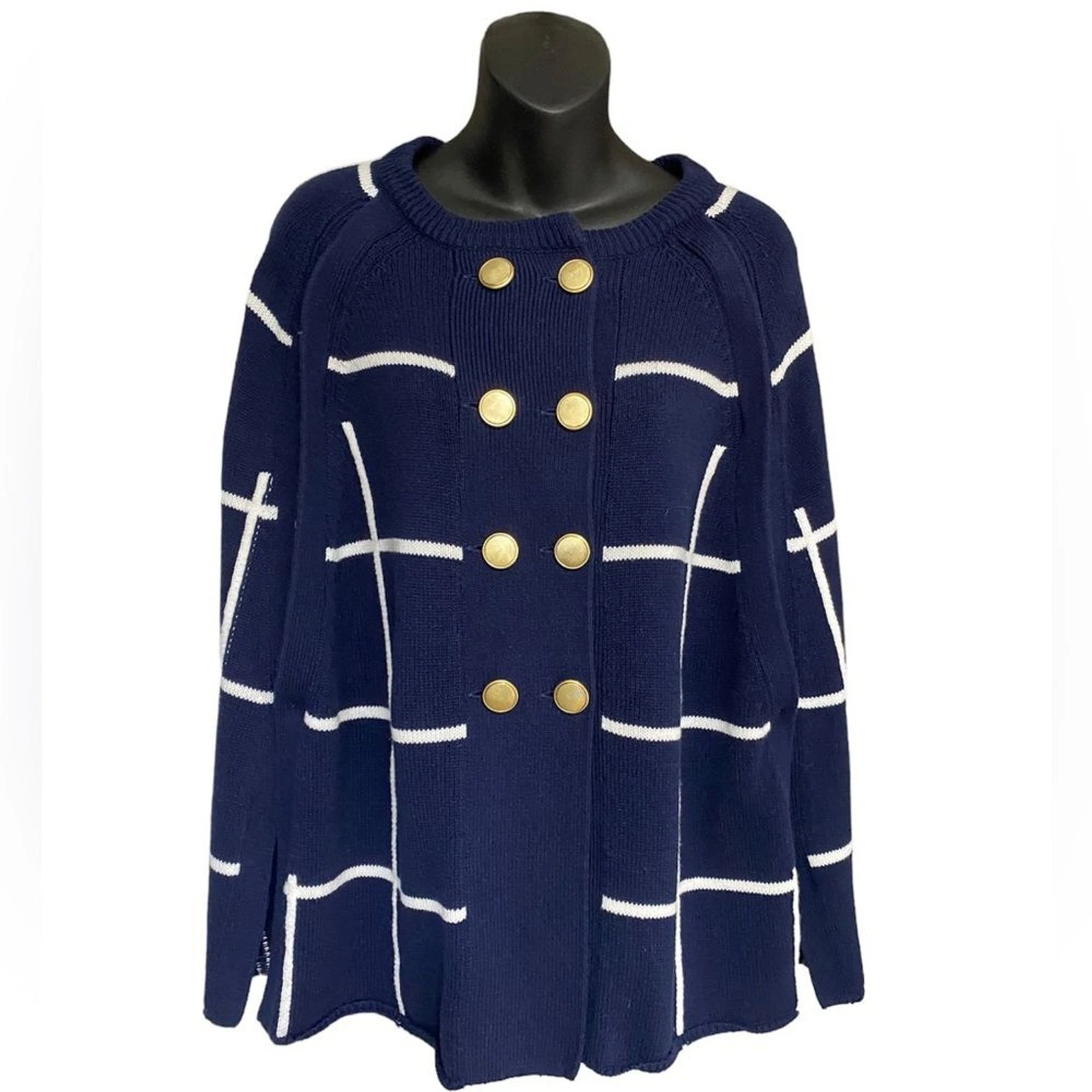 Crown & Ivy Knit Poncho OS Navy Windowpane Nautical Prep Regency Core Old Money