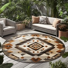 Large Round Southwestern Tribal Geometric Area Mat - Beige Brown Black White Boh