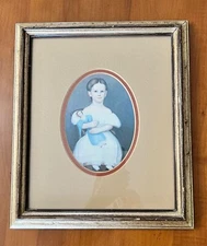 Primitive Folk Art Print "Child with Doll" Double Matted Wood Frame Under Glass