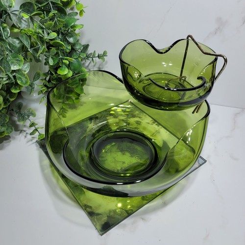Vintage ANCHOR HOCKING 3-Piece Avocado Green Chip & Dip Set Accent Modern w. Box - Picture 5 of 5