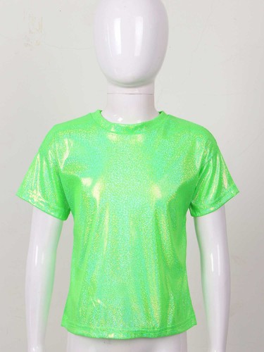 Kids Girls Boys Shiny Metallic T-shirt Sparkly Jazz Dance Top Performance Blouse - Picture 118 of 126