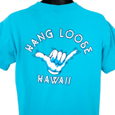 Vintage Hang Loose Hawaii T Shirt Mens Size Large Blue 80s Hawaiian Made In USA