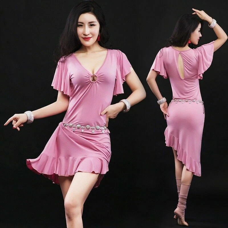 Ladies Dance Skirt Short Flare Sleeve Falbala Cascade V Neck Keyhole Back Dress - Image 2 of 4