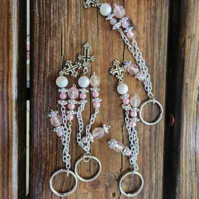 Set of4, Handmade, Pink beaded Keychain with A Cross Accent