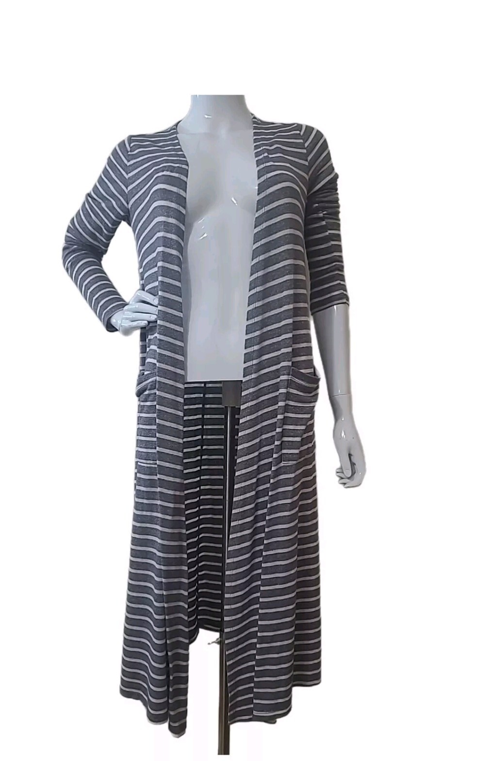 Lularoe Long Open Duster Cardigan Size Small Gray White Striped