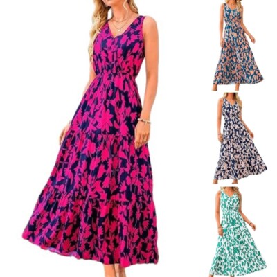 Women Sleeveless Flower Print A Line Tiered Flared Ruffle Loose Beach Long Dress