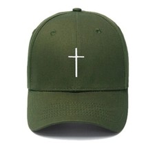 Cross Embroidered Christian Green Baseball Cap, Adjustable Hat, Mens, Womans
