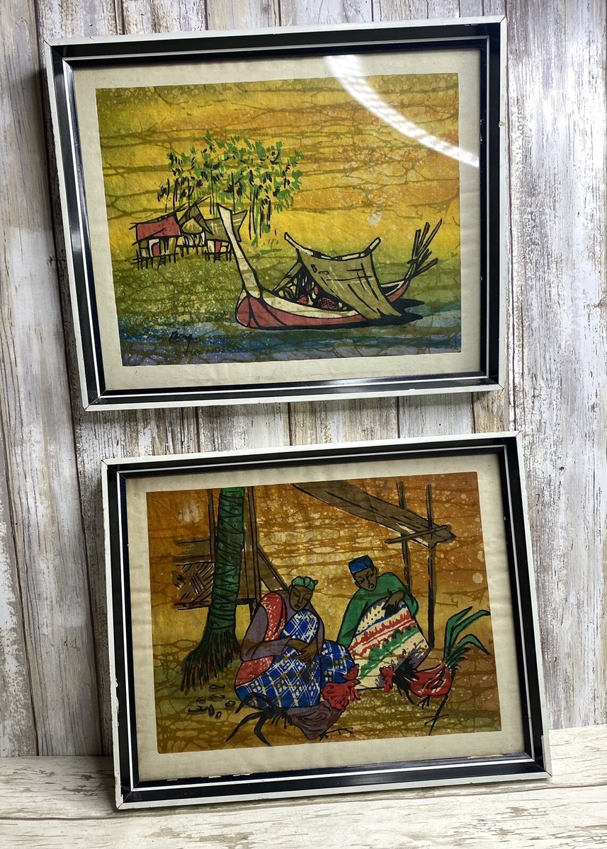 PAIR Colorful Vintage Indonesian Wax Batik Art Pair Bali Framed | eBay