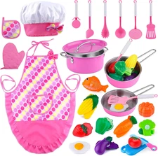 INNOCHEER Kids Kitchen Cooking Playing Set, 26 PCS Kids Aprons for Girls Toddler