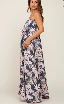 Charcoal Leaf Print Strapless Front Tie Maternity Maxi Dress Medium