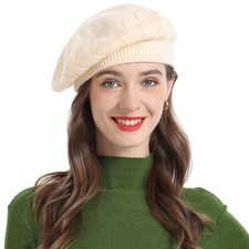 French Beret hat Reversible Solid Color Cashmere Knit Warm Beret Cap for Wome...