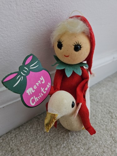 Ornement de Noël vintage lutin lutin colombe équestre floqué mousse de polystyrène floquée - Photo 1/15