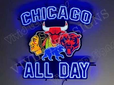 Chicago Bears Cubs Blackhawks Bulls Vivid LED Neon Sign Light Lamp With Dimmer