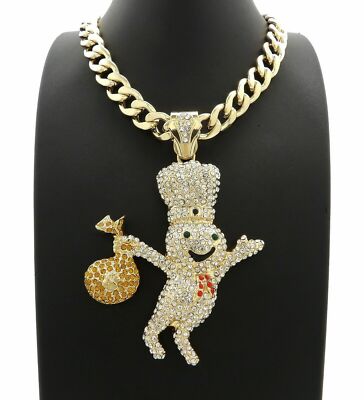 Hip Hop Iced Large Doughboy Pendant & 18'' 20'' 24'' Cuban Chain Bling Necklace