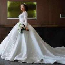 Princess White Lace A Line Wedding Dresses Long Sleeves Sweep Train Bridal Gowns