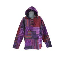 Mens Purple Boho Pullover Hoodie Patch Washed Handmade Hippie Festival Ethnic
