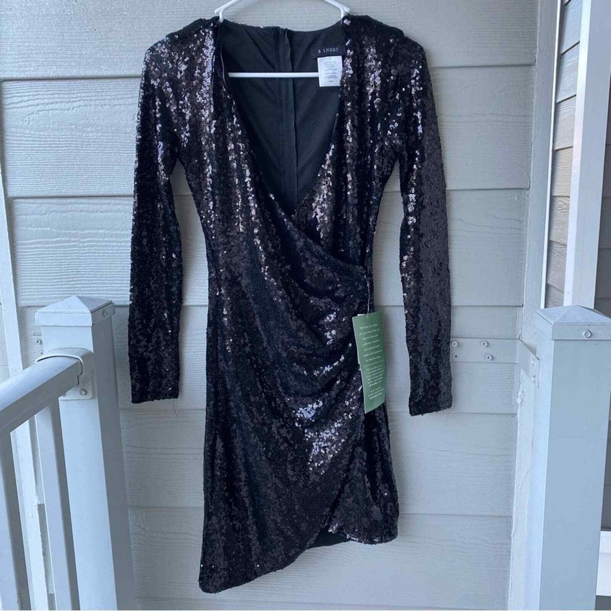 b smart black dress B. Sequin Asymmetrical Long Sleeved Sheath Crafted from our signature May26MD AX Paris Women's Black Style:Short Square