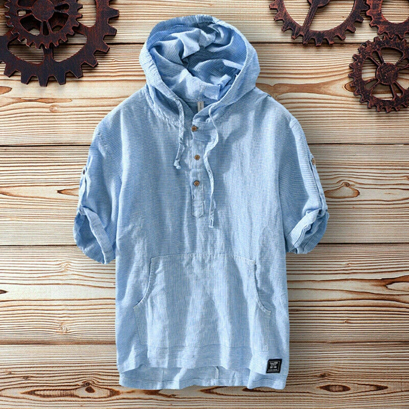 Uomo Lino Righe con Cappuccio T Shirt Maglietta Maniche Corte