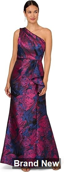 Adrianna Papell Women's One Shoulder Jacquard Gown, Navy/Orchid, Size 12