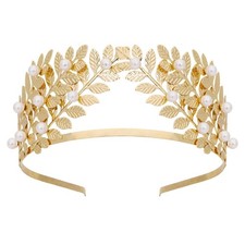 Leaf Bridal Headband With Pearls Accent Metal Hair Accessory Elegant Headpiece