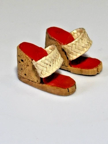 Vintage Barbie Red & White Cork Wedge Shoes Picnic Set #967 One Repaired