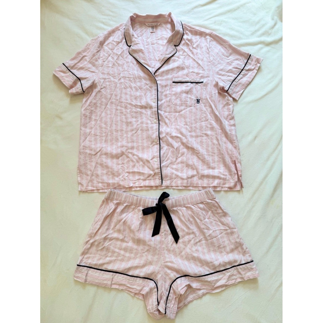 Victoria's Secret Pink Striped Pajama Set Button Top Shorts L