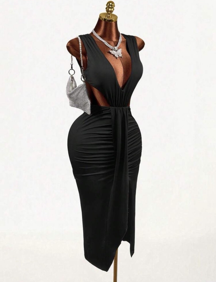 bodycon v neck midi dress Black Women Sleeveless V-Neck Ruched Cut Out Ring Back Party Length:55cm/21.7