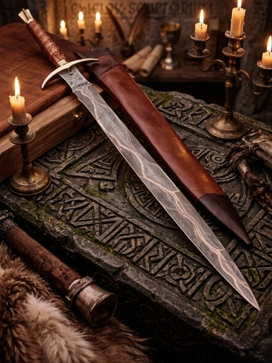 Custom Handmade Damascus Steel Copper Layer Longsword Double-Edge Blade Sword
