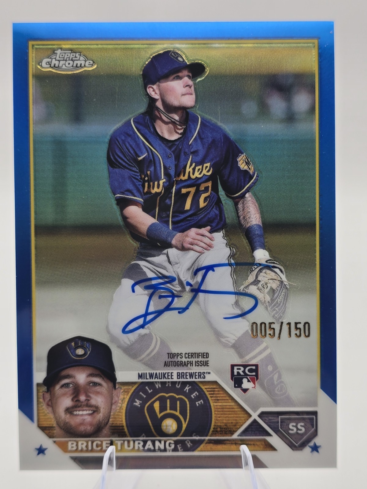 2023 Topps Chrome Brice Turang Blue Refractor On Card Auto RC 005/150 BREWERS