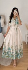 Robe d’été longue blanche à fleurs bleues – Style bohème, manches courtes