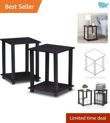 Stylish Set of 2 Square Nightstands with Dual Shelves in Dark Walnut Finish