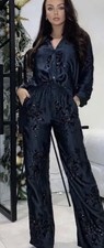 BNWT Zara navy blue Embroidered Blouse kimono Sequin & Trousers Co Ord Set M
