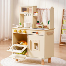 Wooden Play Kitchen Set for Kids, Pretend Toddler Kitchen with Microwave, Sink,