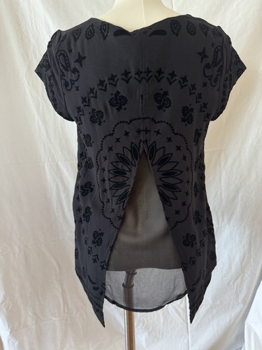 Desigual Black Short Sleeve Velvet Burnout V Cut Back Top Sz Med 19WWBW42 NWT - Picture 4 of 6