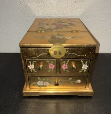 Chinese Lacquered Wood Jewelry Box  Brass Accents Gold Leaf Floral Birds