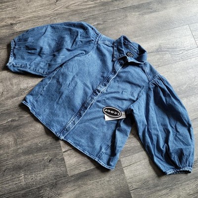 New Scoop Denim Puff Sleeve Shirt Women s Sz Large Wash Button Front Relaxed Fit