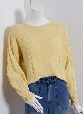 Vintage 80s Sz 10-12-14 Katies Cotton Knit Jumper Lemon Yellow W/Shoulder Pads